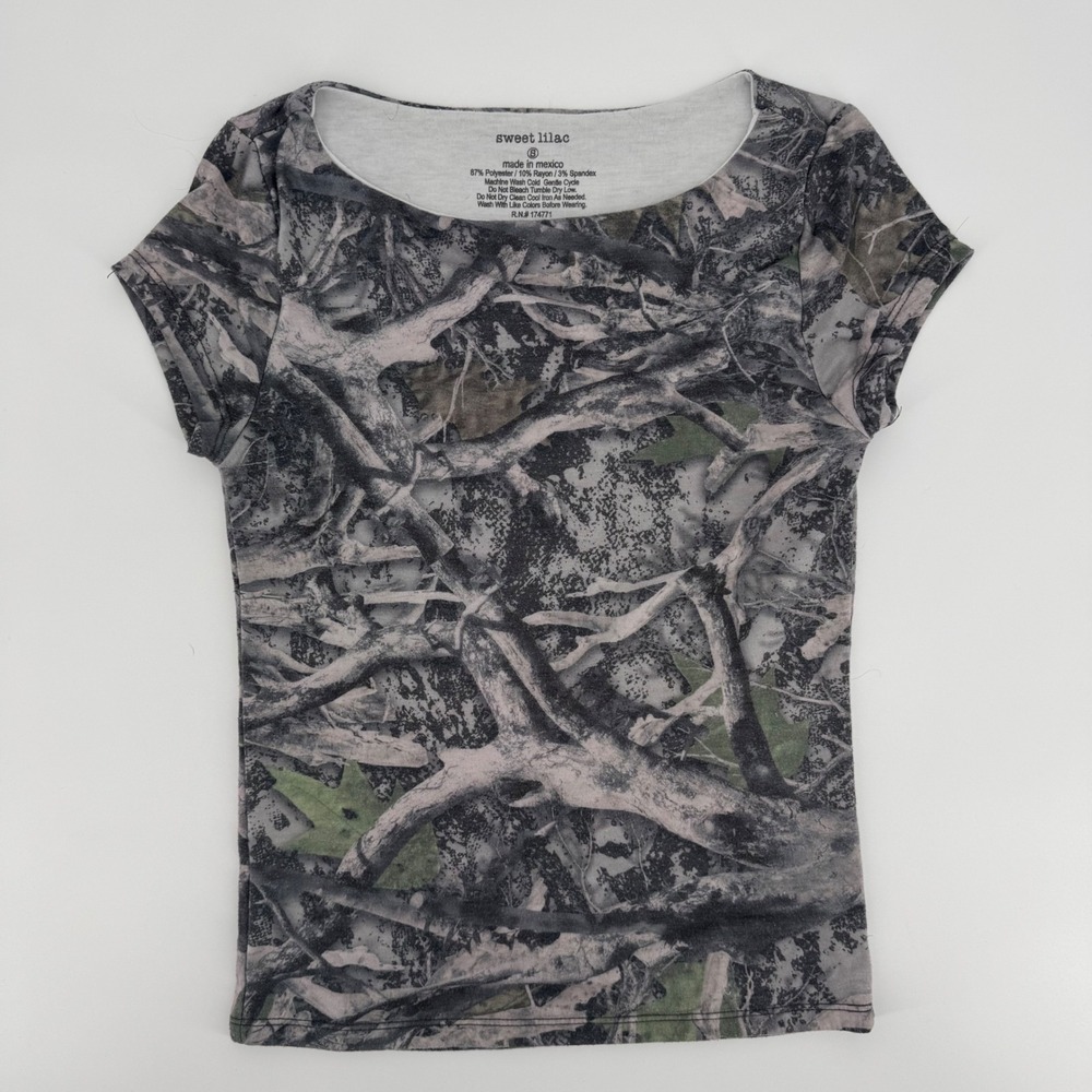 Sweet Lilac Womens Camo Tree Branch Print Short Sleeve Scoop Neck Top Size S